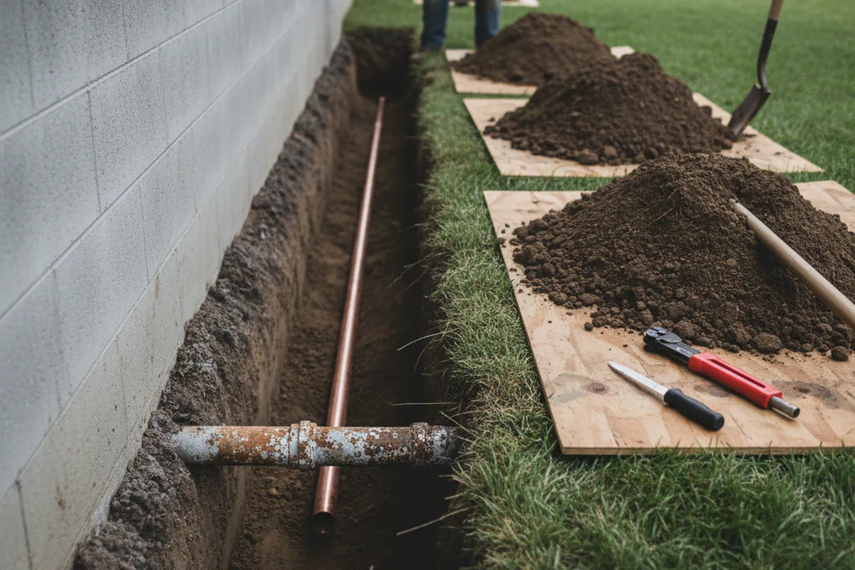 Excavated water line trench during Sewer Line Repair in Hollsopple